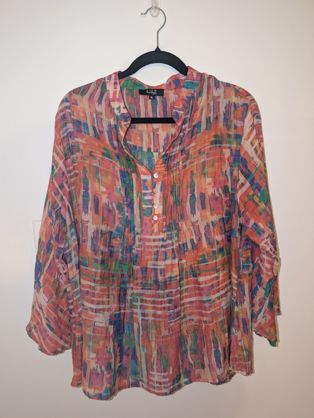 LIOR Paris Silk Blend Abstract Print Roll Tab Blouse XL Boho Artsy Tunic